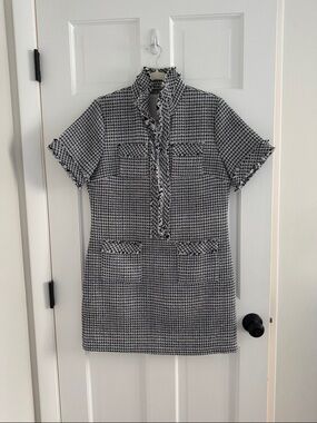Black & White Tweed Shift Dress with Frayed Trim
